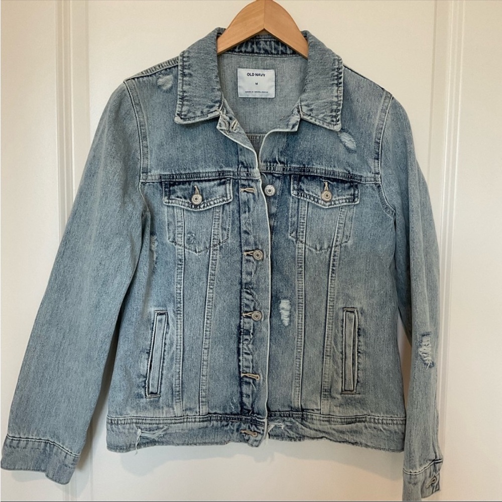 Old Navy deconstructed denim jean jacket distressed in medium worn wash